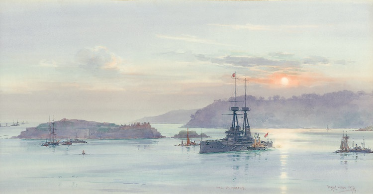 PLYMOUTH 1913  HMS ST VINCENT SAILS ON THE EVENING TIDE