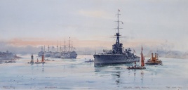 Grand Fleet battleship: HMS ORION leaving  Plymouth, 1914