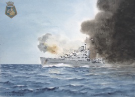 HMS EURYALUS in action and making smoke: 2nd Battle of Sirte, 22 March 1942
