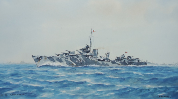 HMS ASHANTI in camouflage and wearing the flag of a full admiral
