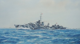 HMS ASHANTI in camouflage and wearing the flag of a full admiral