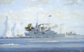 HMNZS ACHILLES and HMS AJAX in action with SMS GRAF SPEE