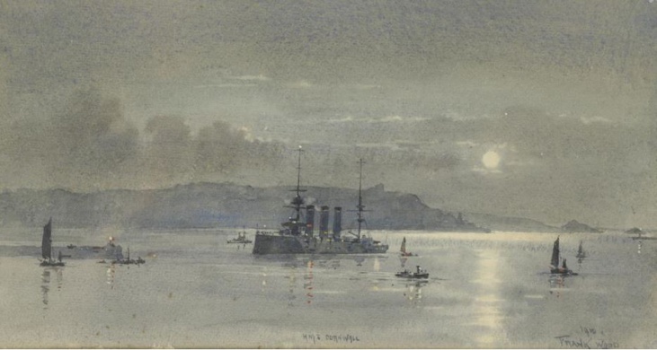 HMS CORNWALL in Plymouth Sound by moonlight, WW1