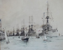 HMS DREADNOUGHT and the Home Fleet in theThames, 1909