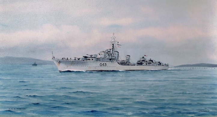 HMS TARTAR passes through the boom defences
