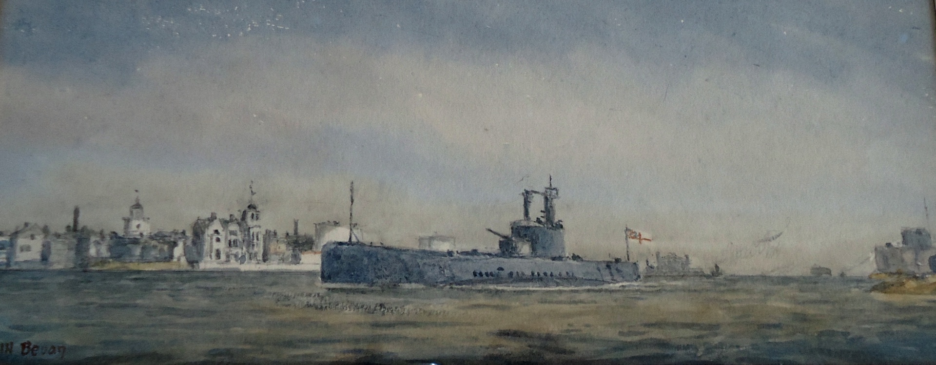 HMS PORPOISE, minelaying submarine, entering Portsmouth, c.1934