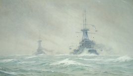 HMS VANGUARD (1909), with sister ship of St Vincent Class in dirty weather and sleet flurries